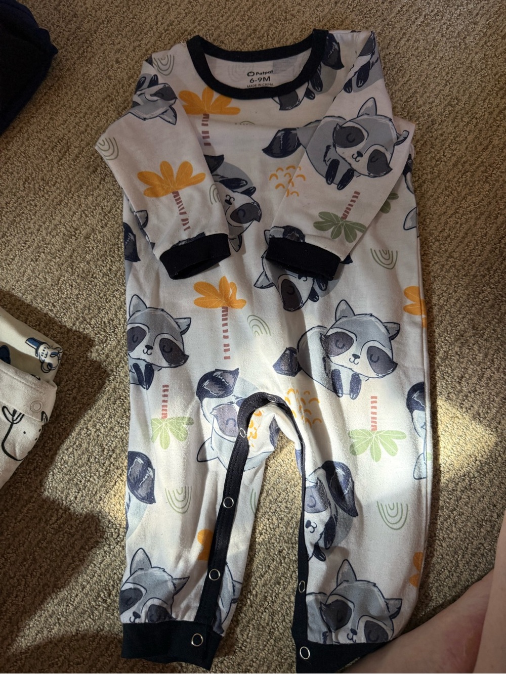 PatPat White Raccoon Print Footie with Black Trim and Yellow Accents